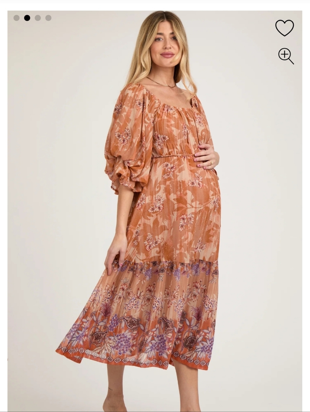 Rust Floral Midi Dress with Puff Sleeves